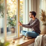Propriétaire mesurant l'encadrement d'une fenêtre avec un mètre ruban dans un salon ensoleillé, sol en bois et décoration neutre, lumière douce et naturelle