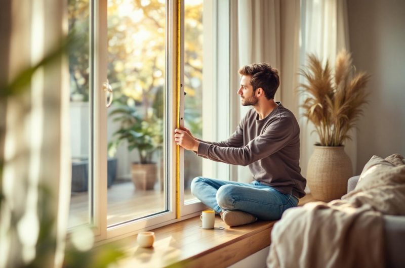 Propriétaire mesurant l'encadrement d'une fenêtre avec un mètre ruban dans un salon ensoleillé, sol en bois et décoration neutre, lumière douce et naturelle