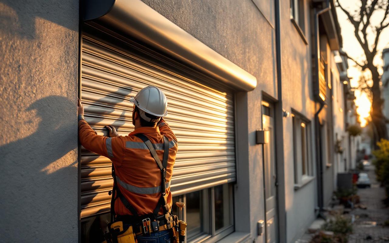 Un technicien installe un volet roulant sur la façade d'un immeuble résidentiel, portant casque, harnais et outils. Plan rapproché en lumière chaude de coucher de soleil, tons dominants gris et beige, rendu photo réaliste et naturel.
