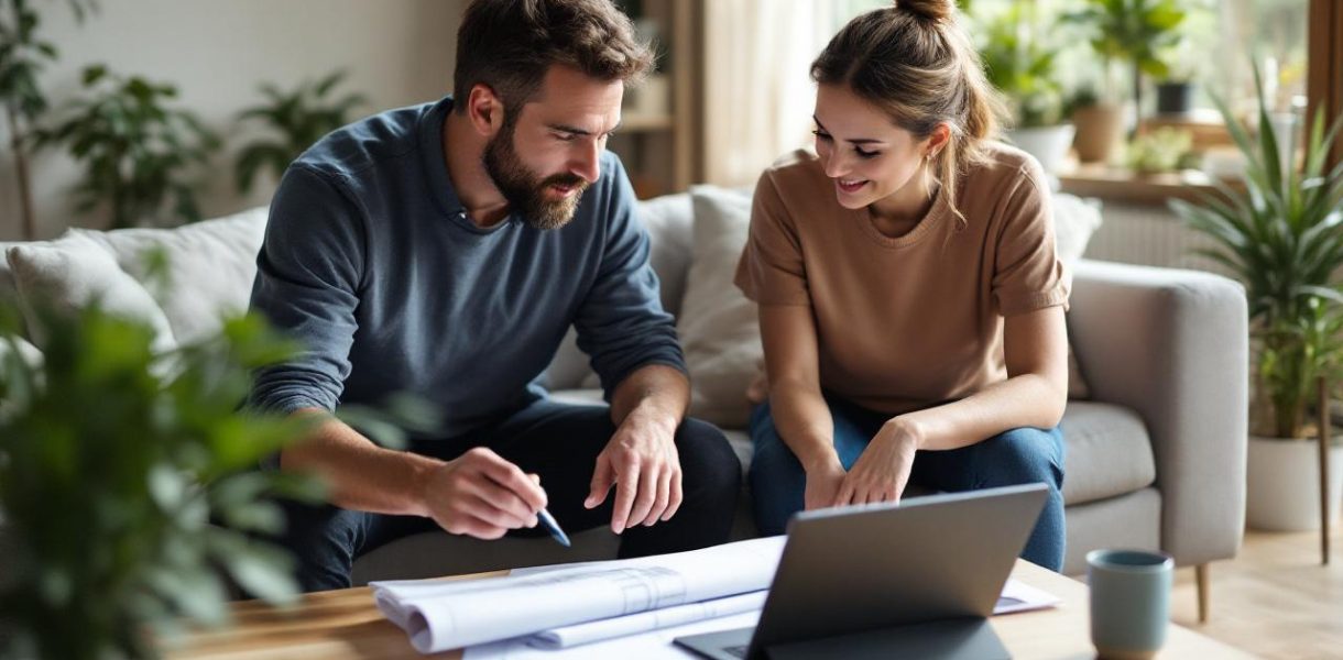 Architecte discutant des plans de rénovation avec un couple de propriétaires dans un salon moderne et chaleureux, plans et tablette sur la table basse, lumière douce traversant la fenêtre.