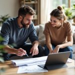 Architecte discutant des plans de rénovation avec un couple de propriétaires dans un salon moderne et chaleureux, plans et tablette sur la table basse, lumière douce traversant la fenêtre.