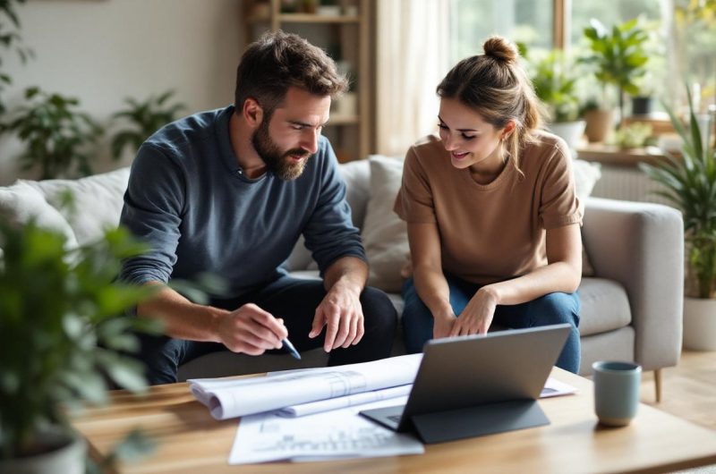 Architecte discutant des plans de rénovation avec un couple de propriétaires dans un salon moderne et chaleureux, plans et tablette sur la table basse, lumière douce traversant la fenêtre.