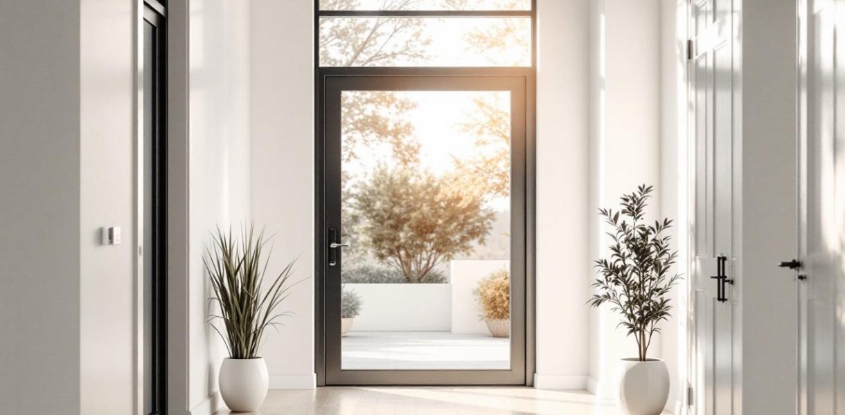 Porte d'entrée moderne avec imposte vitrée dans un couloir lumineux, murs blancs, sol en chêne clair, encadrement métallique noir, lumière matinale volumétrique créant ombres douces, poignée en métal brossé et plante d'intérieur.