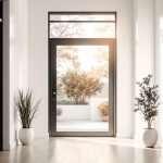 Porte d'entrée moderne avec imposte vitrée dans un couloir lumineux, murs blancs, sol en chêne clair, encadrement métallique noir, lumière matinale volumétrique créant ombres douces, poignée en métal brossé et plante d'intérieur.