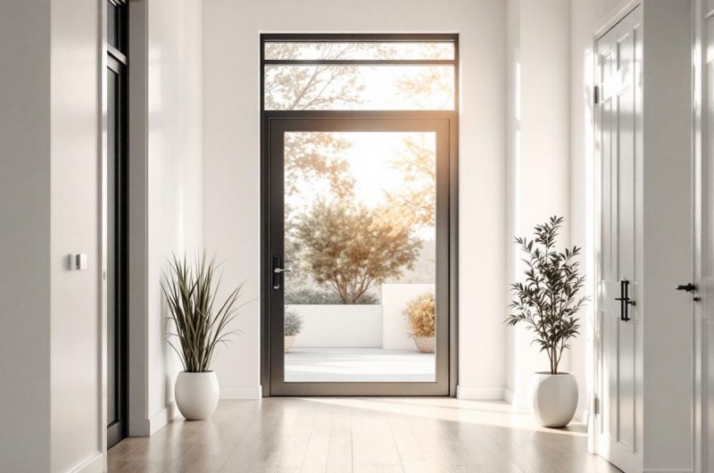 Porte d'entrée moderne avec imposte vitrée dans un couloir lumineux, murs blancs, sol en chêne clair, encadrement métallique noir, lumière matinale volumétrique créant ombres douces, poignée en métal brossé et plante d'intérieur.