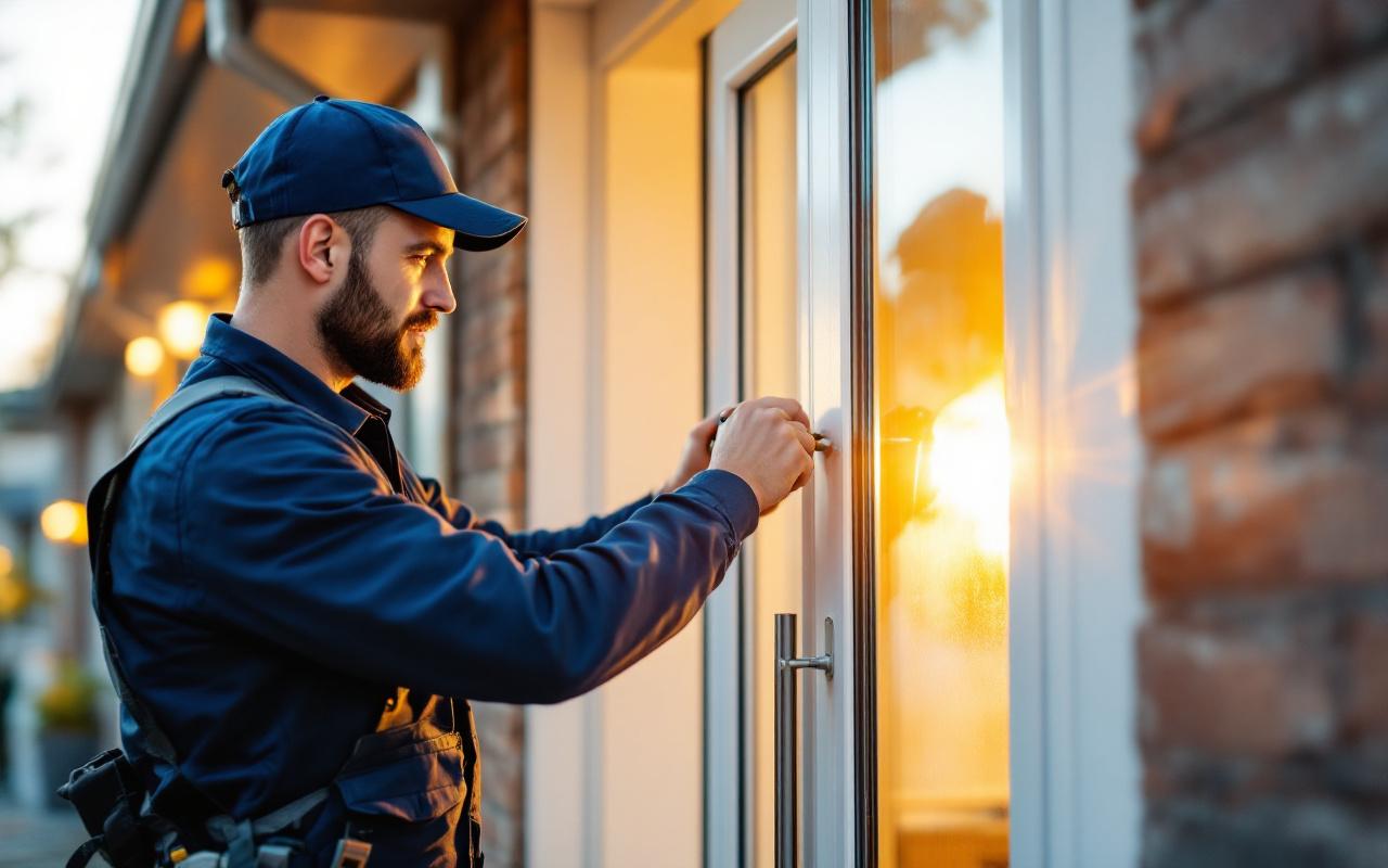 Un poseur ajuste une porte d'entrée en aluminium avec panneau vitré, serrant la charnière avec un tournevis, en tenue de travail, devant une entrée de maison, lumière chaude de coucher de soleil avec effets volumétriques.