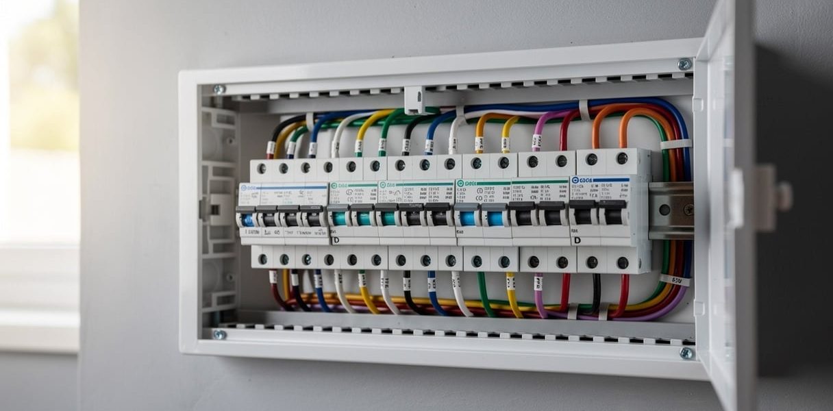 Tableau électrique moderne avec disjoncteurs dans une maison