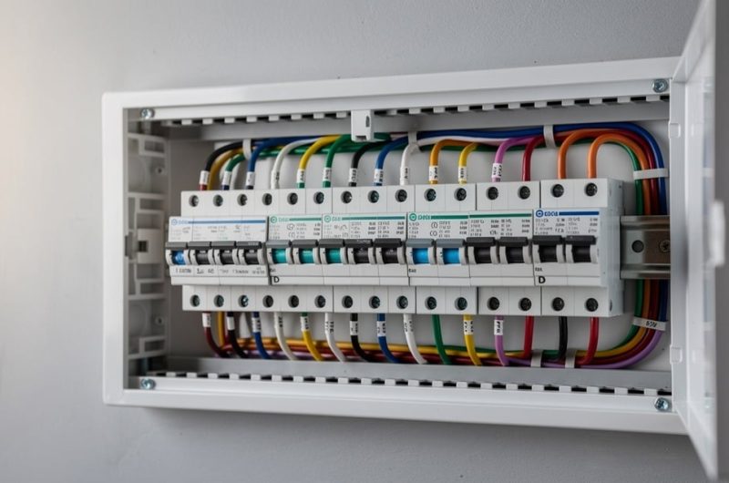 Tableau électrique moderne avec disjoncteurs dans une maison