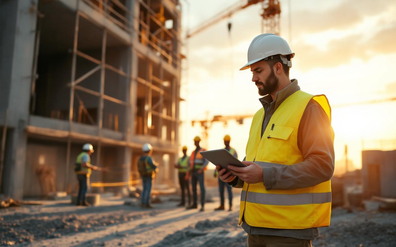 Chef de chantier sur site vérifiant le planning avec des entrepreneurs, portant gilet de sécurité jaune et casque blanc, tenant une tablette, échafaudages et grue en arrière-plan, poussière légère, lumière chaude du coucher de soleil