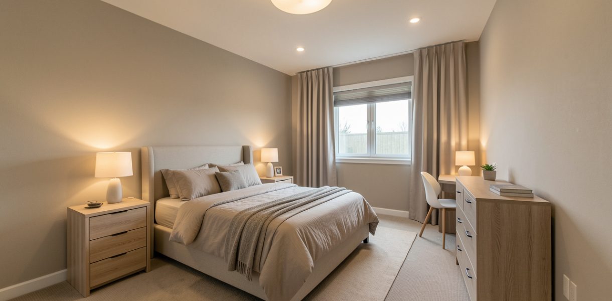 Chambre adulte rénovée, circulation dégagée, éclairage doux et mobilier sécurisé, ambiance sobre et fonctionnelle.
