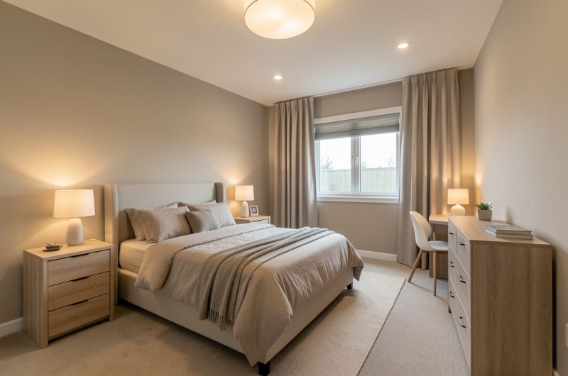 Chambre adulte rénovée, circulation dégagée, éclairage doux et mobilier sécurisé, ambiance sobre et fonctionnelle.