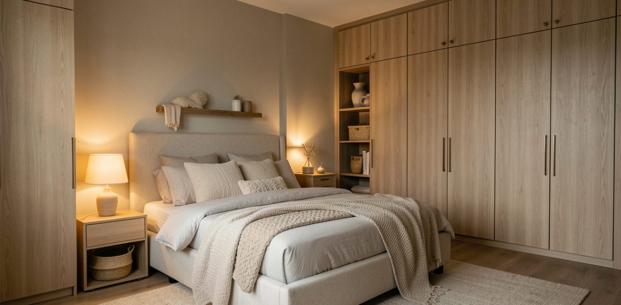 Chambre adulte moderne et apaisante, lit confortable, rangements intégrés, éclairage doux et ambiance bricolage soignée, tons neutres et atmosphère sereine.