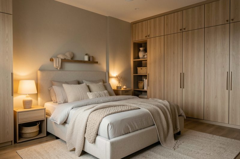 Chambre adulte moderne et apaisante, lit confortable, rangements intégrés, éclairage doux et ambiance bricolage soignée, tons neutres et atmosphère sereine.