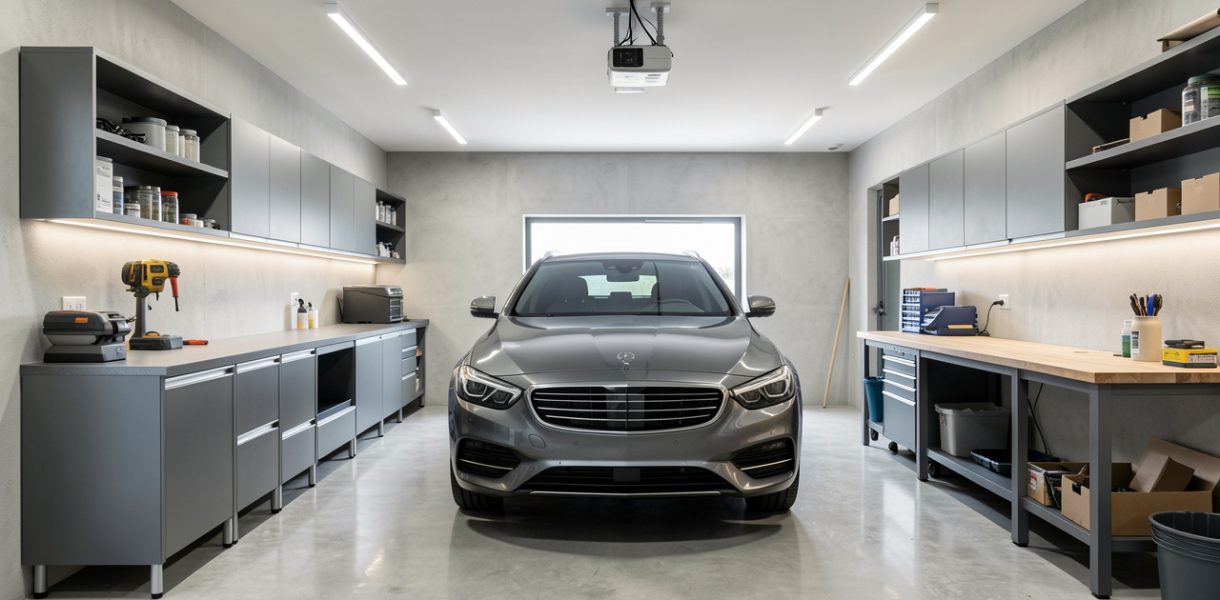 Garage moderne et bien organisé avec rangements muraux, établi et voiture stationnée, éclairage net et sol propre.