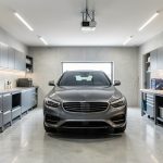 Garage moderne et bien organisé avec rangements muraux, établi et voiture stationnée, éclairage net et sol propre.