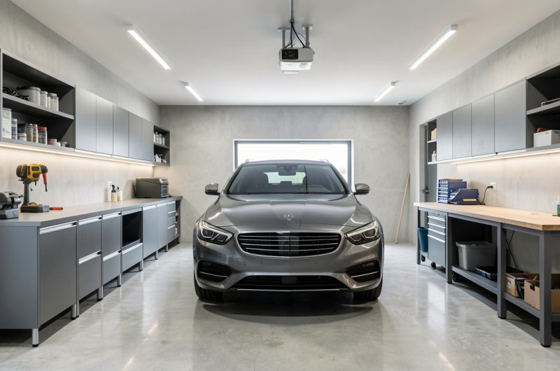 Garage moderne et bien organisé avec rangements muraux, établi et voiture stationnée, éclairage net et sol propre.