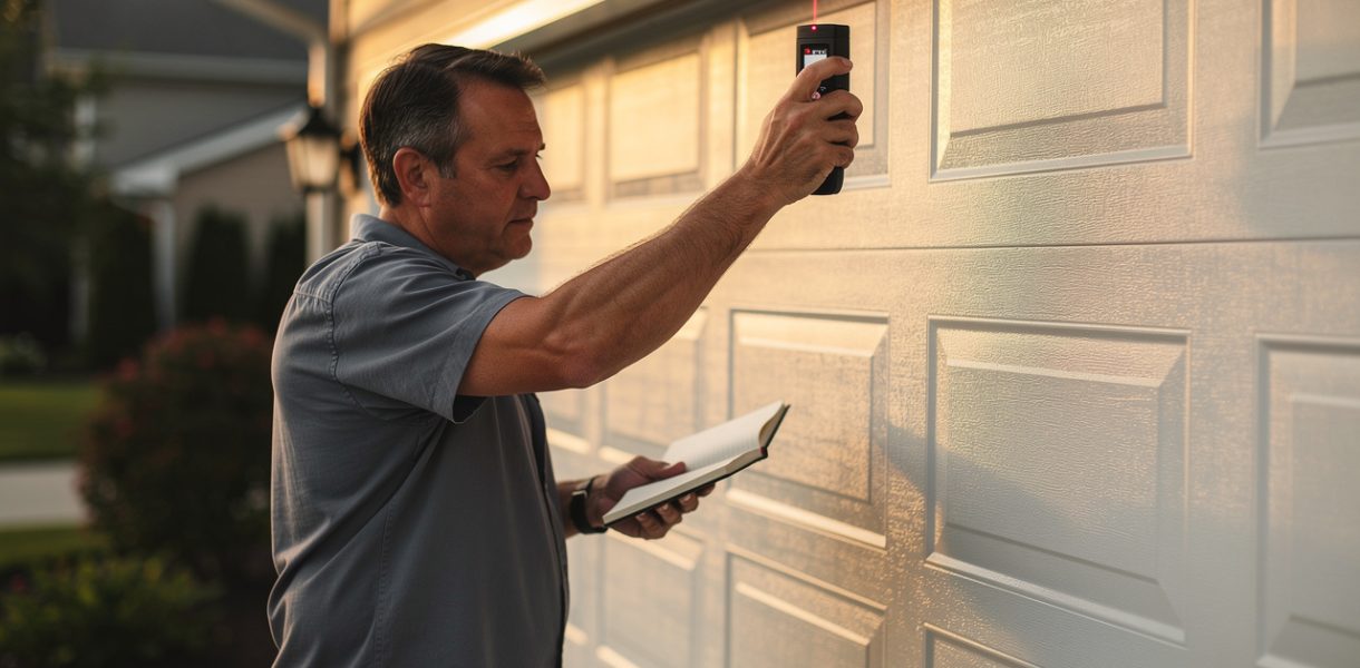 Un homme mesure l’ouverture d’un garage avec un télémètre laser, tout en consultant un carnet de notes sur une allée résidentielle.