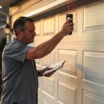 Un homme mesure l’ouverture d’un garage avec un télémètre laser, tout en consultant un carnet de notes sur une allée résidentielle.