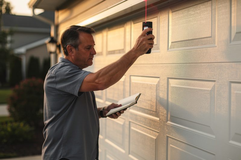 Un homme mesure l’ouverture d’un garage avec un télémètre laser, tout en consultant un carnet de notes sur une allée résidentielle.