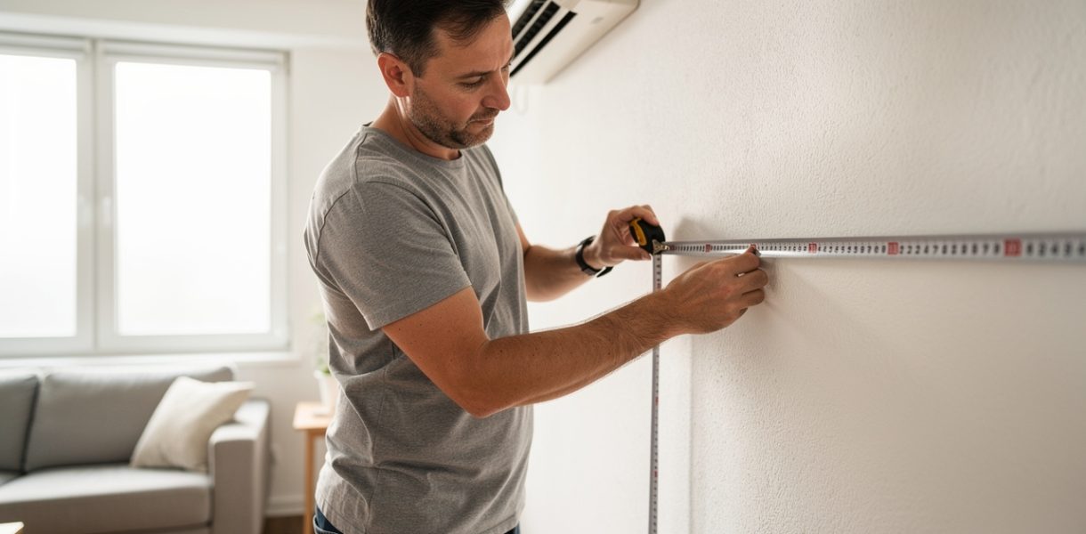 Un homme mesure les surfaces sur un mur dans un salon lumineux afin de préparer l’installation d’une climatisation murale.