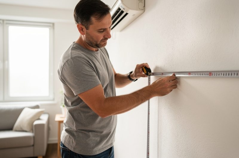 Un homme mesure les surfaces sur un mur dans un salon lumineux afin de préparer l’installation d’une climatisation murale.