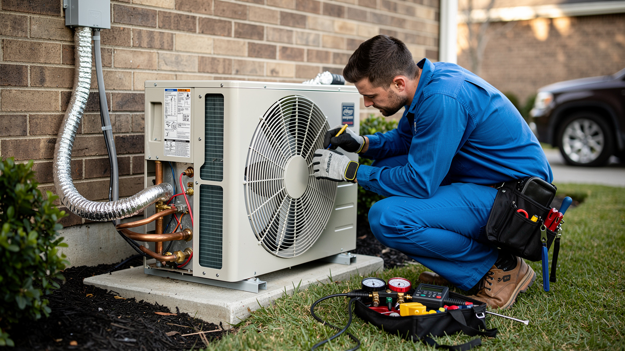 Un technicien HVAC vérifie l’emplacement et les raccordements d’une unité extérieure de climatisation installée sur la façade d’une maison.