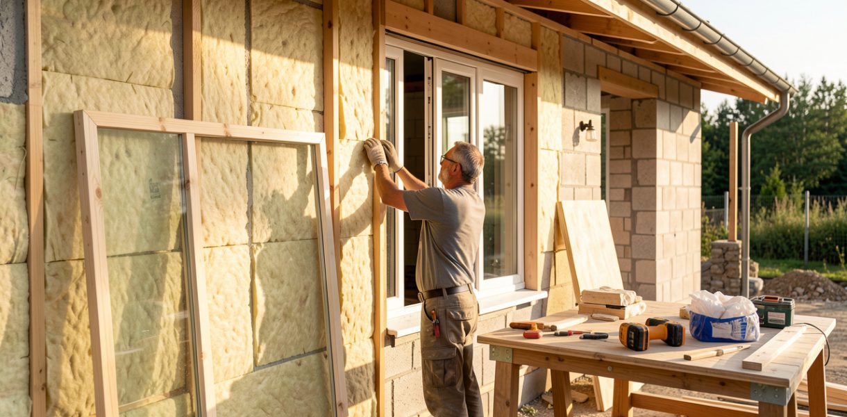 Maison en rénovation lumineuse sur un chantier, avec un artisan installant des fenêtres, de l’isolation sur les murs et des outils de menuiserie à proximité.