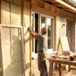 Maison en rénovation lumineuse sur un chantier, avec un artisan installant des fenêtres, de l’isolation sur les murs et des outils de menuiserie à proximité.