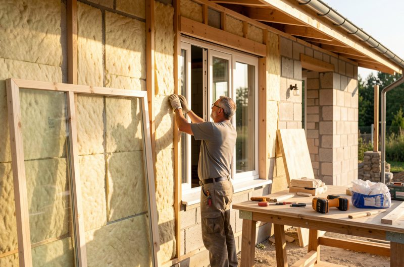 Maison en rénovation lumineuse sur un chantier, avec un artisan installant des fenêtres, de l’isolation sur les murs et des outils de menuiserie à proximité.
