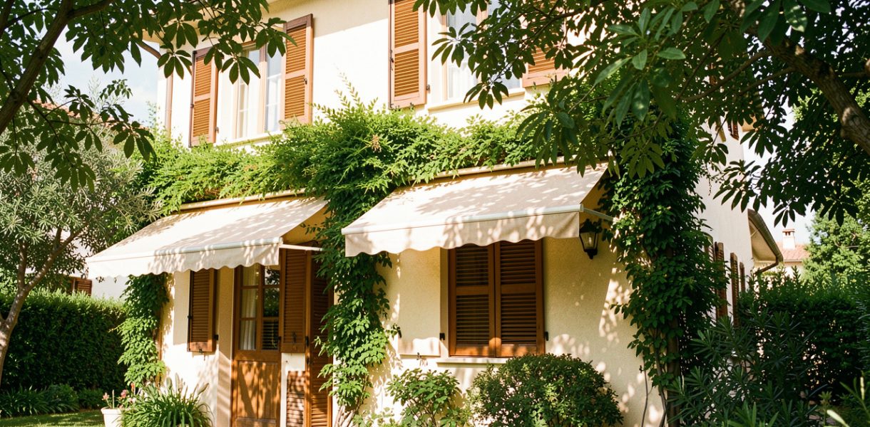 Maison lumineuse aux volets fermés, protégée du soleil par un store extérieur et une végétation abondante qui ombrage la façade en été.