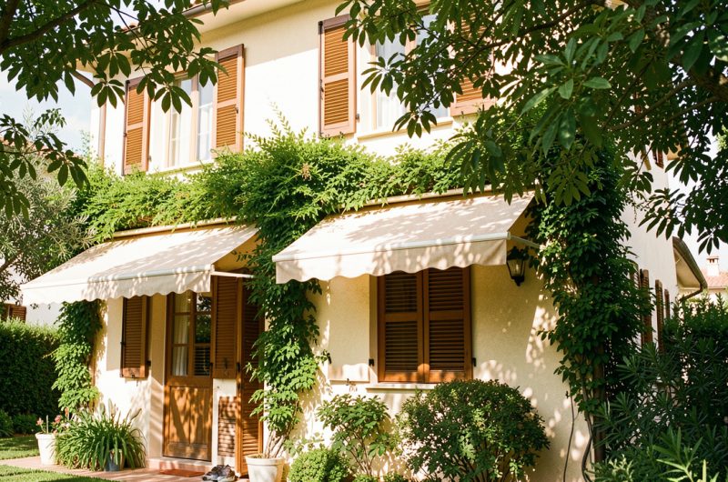 Maison lumineuse aux volets fermés, protégée du soleil par un store extérieur et une végétation abondante qui ombrage la façade en été.