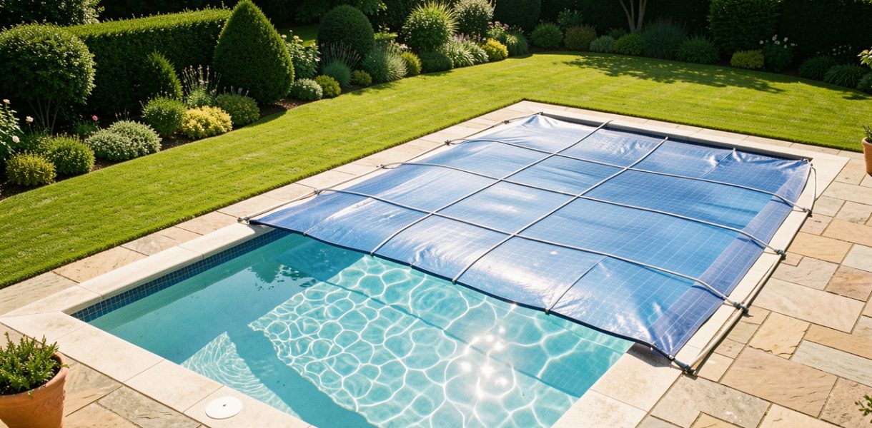Piscine familiale rectangulaire ensoleillée recouverte d’une bâche à bulles bleue, entourée d’un jardin soigneusement entretenu.