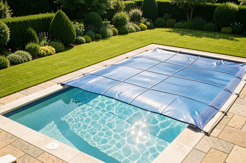 Piscine familiale rectangulaire ensoleillée recouverte d’une bâche à bulles bleue, entourée d’un jardin soigneusement entretenu.