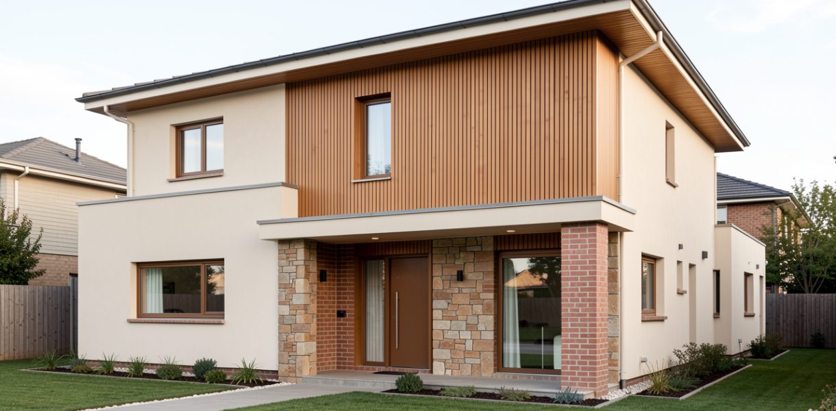 Maison individuelle en rénovation soignée, avec une façade associant crépi, brique, pierre naturelle et bardage bois, éclairée par une lumière naturelle douce.