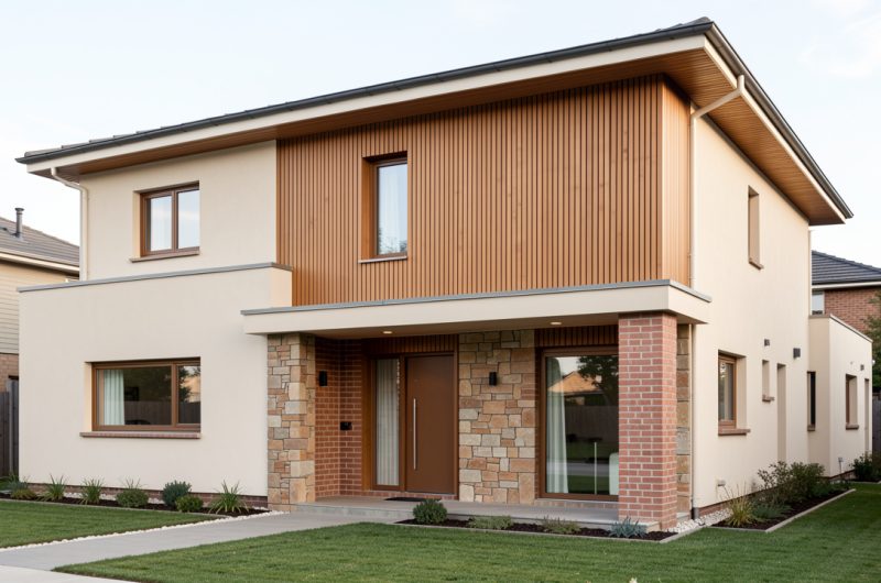 Maison individuelle en rénovation soignée, avec une façade associant crépi, brique, pierre naturelle et bardage bois, éclairée par une lumière naturelle douce.