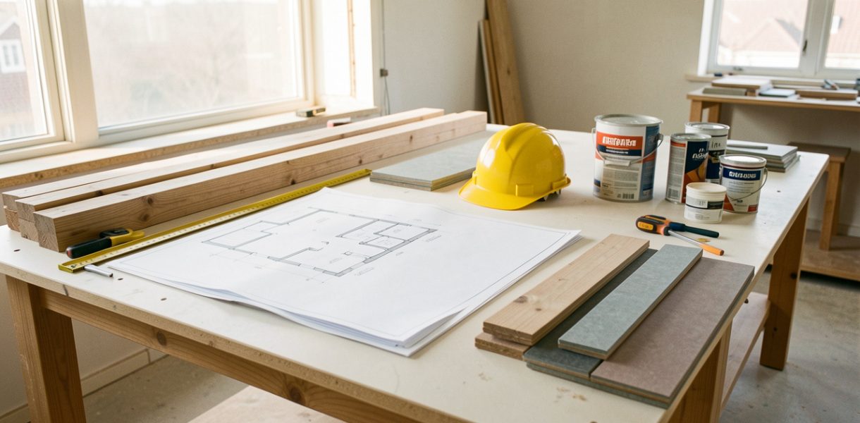 Chantier de rénovation soigneusement organisé avec plans vierges, outils de mesure, casque de sécurité et matériaux rangés.