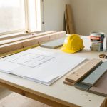 Chantier de rénovation soigneusement organisé avec plans vierges, outils de mesure, casque de sécurité et matériaux rangés.