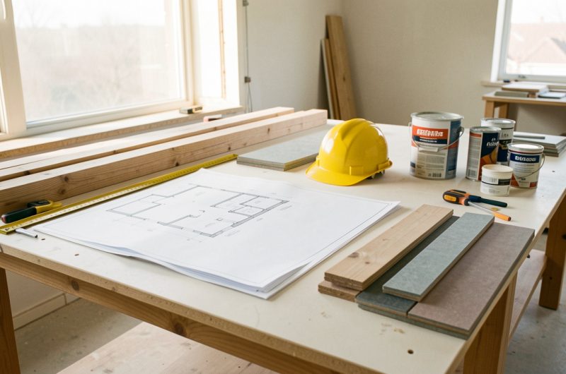 Chantier de rénovation soigneusement organisé avec plans vierges, outils de mesure, casque de sécurité et matériaux rangés.