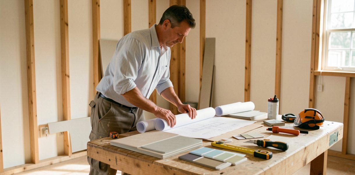 Un artisan prépare un chantier de rénovation résidentielle organisé autour de plans vierges, d’échantillons de matériaux, d’outils et d’équipements de protection.