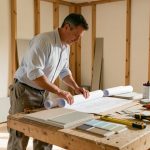 Un artisan prépare un chantier de rénovation résidentielle organisé autour de plans vierges, d’échantillons de matériaux, d’outils et d’équipements de protection.