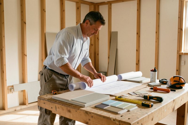 Un artisan prépare un chantier de rénovation résidentielle organisé autour de plans vierges, d’échantillons de matériaux, d’outils et d’équipements de protection.