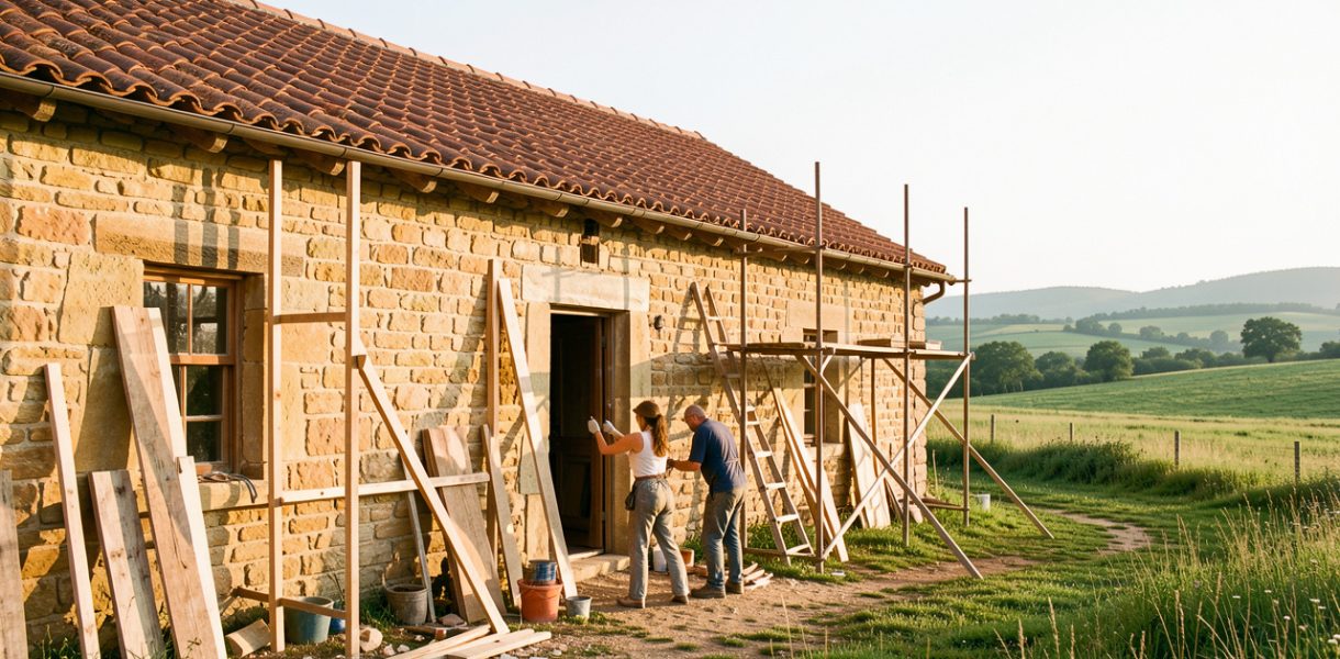 Ancienne maison de campagne en pierre en cours de rénovation, avec un échafaudage discret, trois artisans au travail et un paysage rural lumineux en arrière-plan.