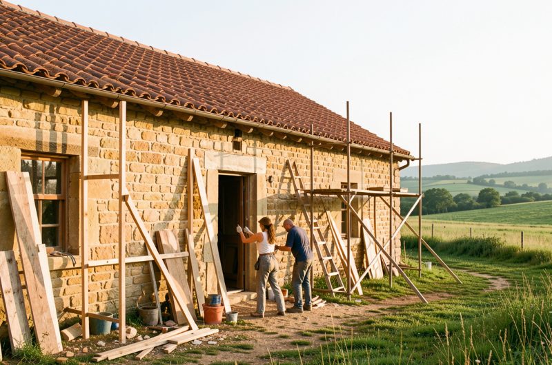 Ancienne maison de campagne en pierre en cours de rénovation, avec un échafaudage discret, trois artisans au travail et un paysage rural lumineux en arrière-plan.