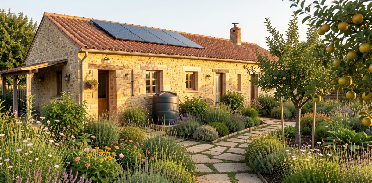 Maison rurale rénovée équipée de panneaux solaires et d’un récupérateur d’eau de pluie, entourée d’un jardin naturel fleuri.