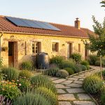 Maison rurale rénovée équipée de panneaux solaires et d’un récupérateur d’eau de pluie, entourée d’un jardin naturel fleuri.
