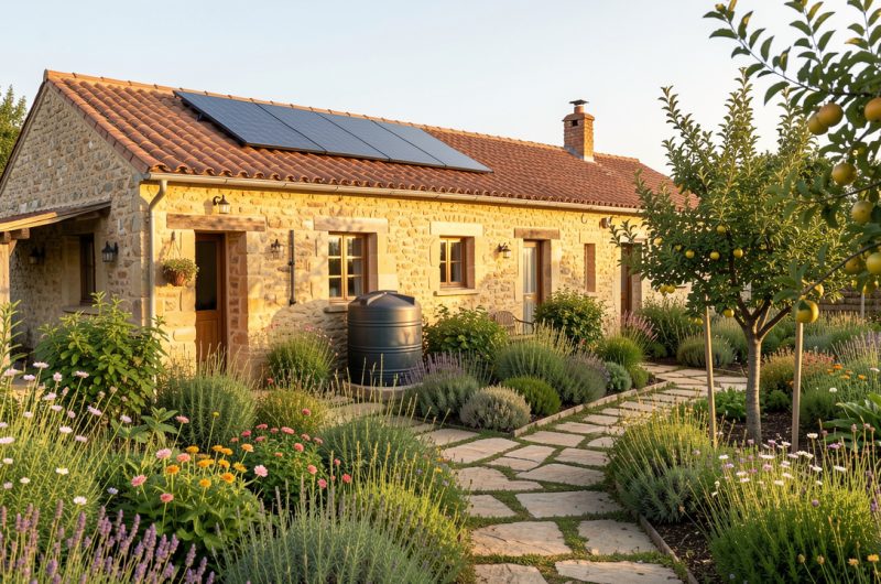 Maison rurale rénovée équipée de panneaux solaires et d’un récupérateur d’eau de pluie, entourée d’un jardin naturel fleuri.