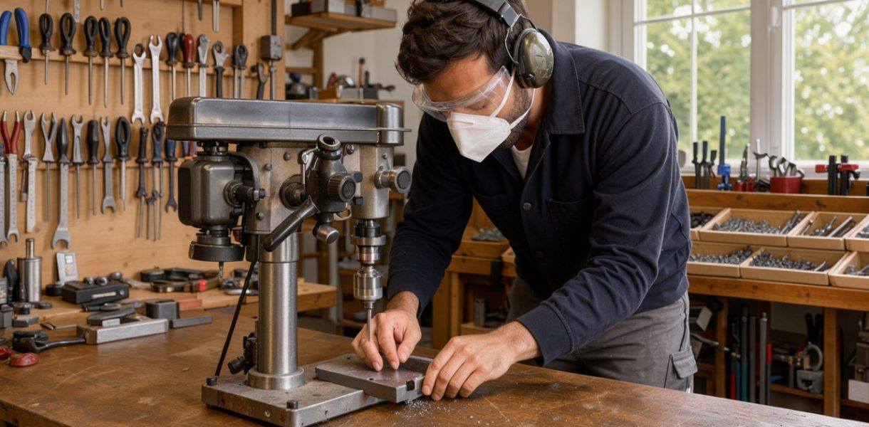 Un homme adulte portant des lunettes de sécurité, un casque antibruit et un masque FFP2 travaille devant une perceuse installée sur un établi dans un atelier de bricolage lumineux.