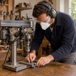 Un homme adulte portant des lunettes de sécurité, un casque antibruit et un masque FFP2 travaille devant une perceuse installée sur un établi dans un atelier de bricolage lumineux.