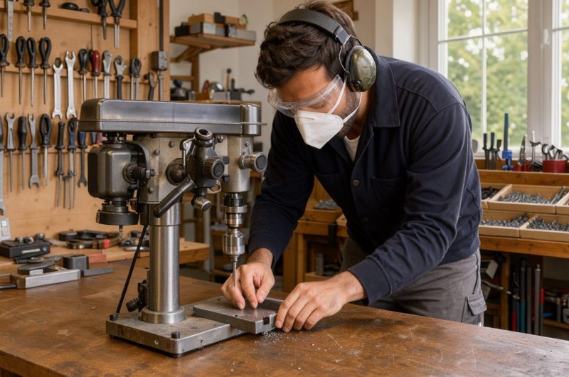 Un homme adulte portant des lunettes de sécurité, un casque antibruit et un masque FFP2 travaille devant une perceuse installée sur un établi dans un atelier de bricolage lumineux.