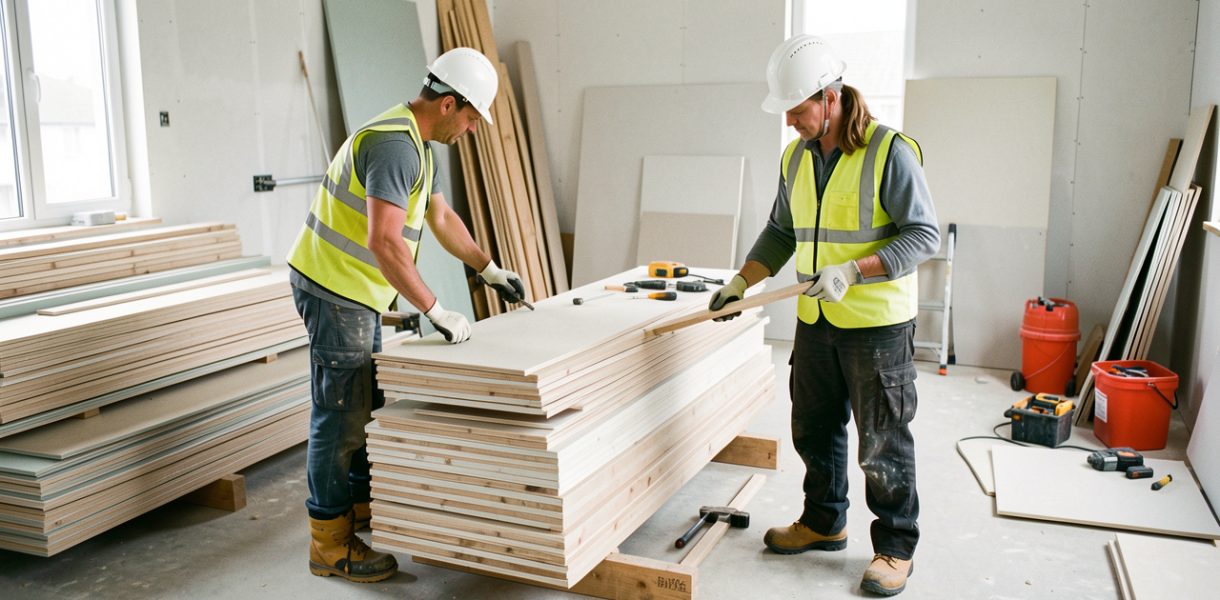 Chantier de rénovation professionnel organisé, avec une équipe équipée de protections de sécurité travaillant parmi des matériaux et outils soigneusement rangés.